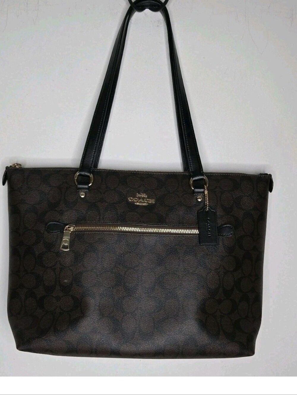 Coach Gallery Zip Tote F79509 Signature Brown Walnut Black Leather Laptop Work